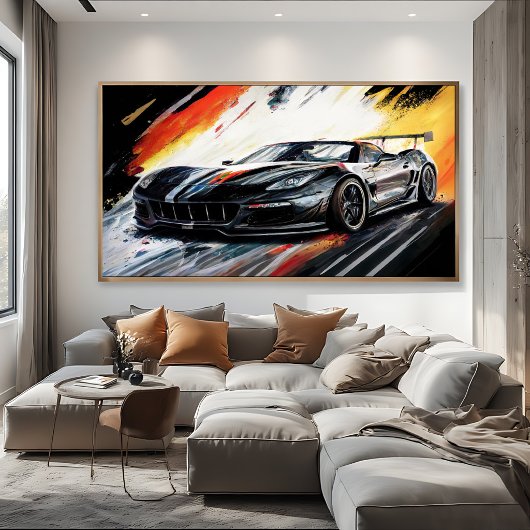 Dynamische zwarte raceauto abstract schilderkunst canvas afdruk