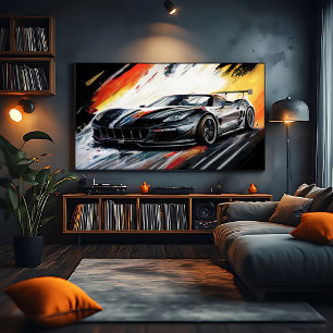 Dynamische zwarte raceauto abstract schilderkunst poster