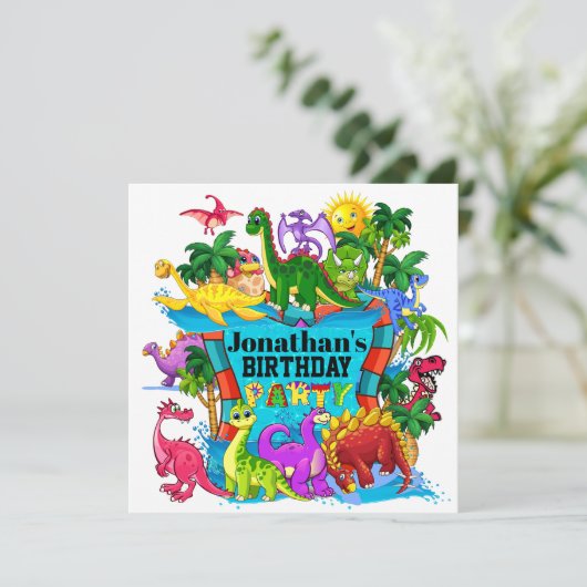 DYNAMITE-O-SAURUS DINOSAUR INVITATIE KAART (Staand voorkant)