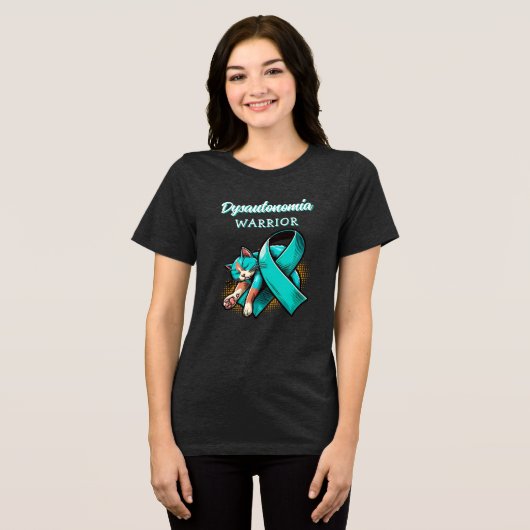 Dysautonomia Warrior | POTS Ribbon en Sleepy Cat Tri-Blend Shirt (Voorkant volledig)