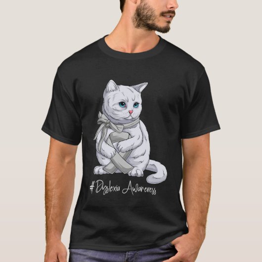 Dyslexia Awareness Month Silver Ribbon Cat T-shirt (Voorkant)