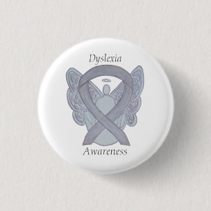 Dyslexia Silver Awareness Ribbon Angel Custom Pin Ronde Button 3,2 Cm