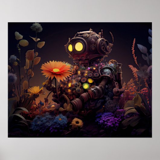 Dystopian Robot met Oranje Flower Poster (Voorkant)