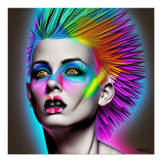 Dystopian Vrouw met Rainbow Mohawk Ai Art Perfect Poster (Voorkant)