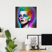 Dystopian Vrouw met Rainbow Mohawk Ai Art Poster (Thuiskantoor)