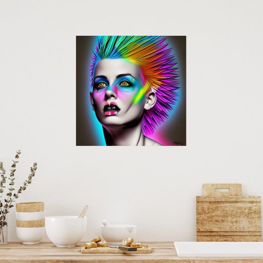 Dystopian Vrouw met Rainbow Mohawk Ai Art Poster (Keuken)