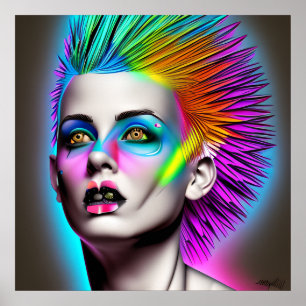 Dystopian Vrouw met Rainbow Mohawk Ai Art Poster