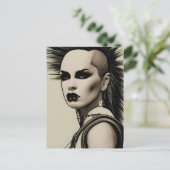 Dystopian Vrouw Punk Rocker Mohawk en Piercings Briefkaart (Staand voorkant)