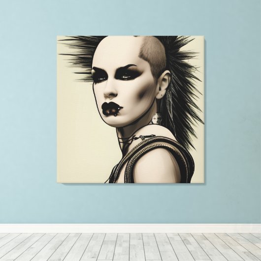 Dystopian Vrouw Punk Rocker Mohawk en Piercings Canvas Afdruk (Insitu (Houten vloer))