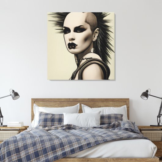 Dystopian Vrouw Punk Rocker Mohawk en Piercings Canvas Afdruk (Insitu (Slaapkamer))