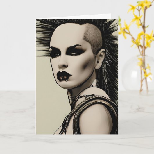 Dystopian Vrouw Punk Rocker Mohawk en Piercings Kaart (Gele Bloem)