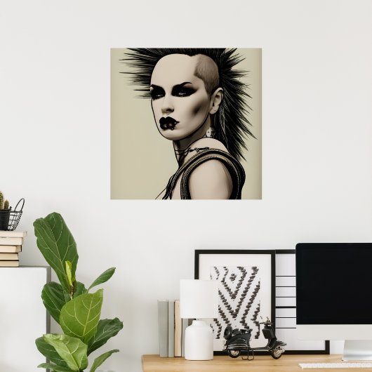 Dystopian Vrouw Punk Rocker Mohawk en Piercings Poster (Thuiskantoor)