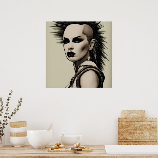 Dystopian Vrouw Punk Rocker Mohawk en Piercings Poster (Keuken)