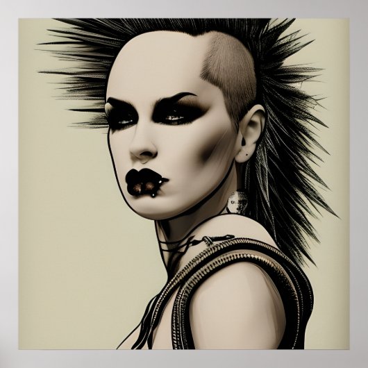 Dystopian Vrouw Punk Rocker Mohawk en Piercings Poster (Voorkant)