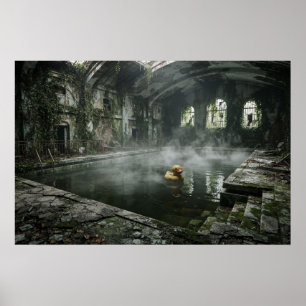 Dystopisch verlaten zwembad met rubberen eend poster