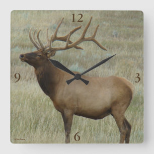 E8 Bull Elk in Fluwelen Gewei Vierkante Klok