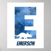 "E" Dinosaur Waterverf Blue Child Name Poster (Voorkant)