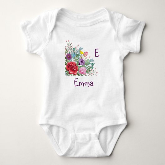 E Emma personalize Letter Name, Roos Flowers Romper (Voorkant)