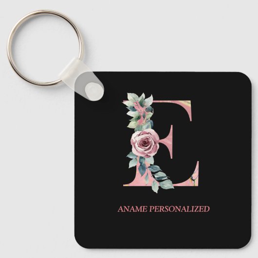 E Floral Monogram Name Letters Roze Agate Sleutelh Sleutelhanger (Voorkant)