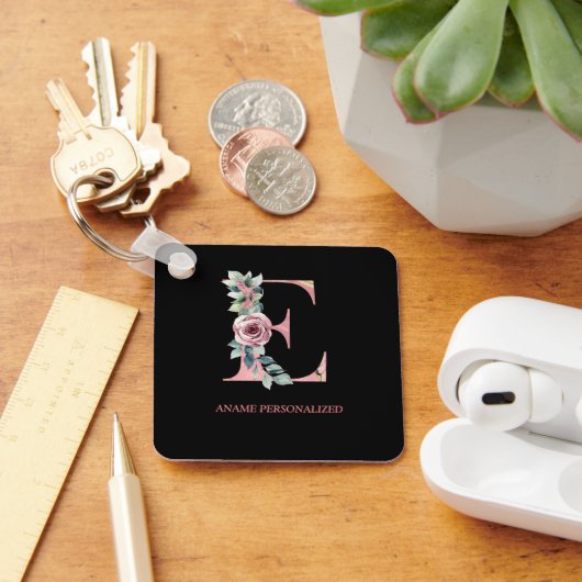 E Floral Monogram Name Letters Roze Agate Sleutelh Sleutelhanger (Bureau)