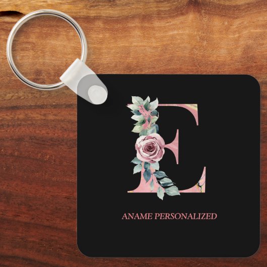 E Floral Monogram Name Letters Roze Agate Sleutelh Sleutelhanger (Voorkant)