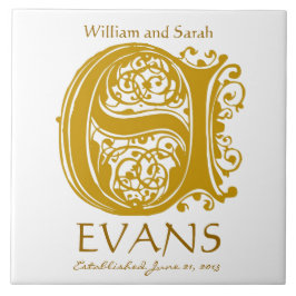 E Gold Monogram op wit - Names Wedding Date Tegel Tegeltje