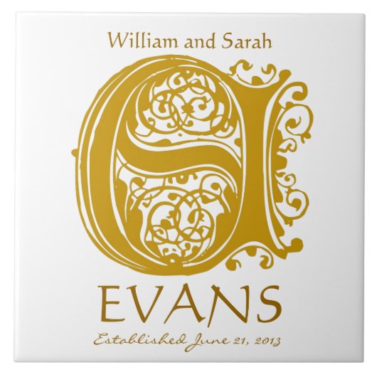 E Gold Monogram op wit - Names Wedding Date Tegel Tegeltje (Voorkant)
