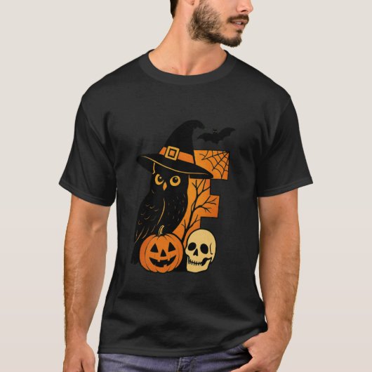 E is for Eerie Halloween Owl Skull T-shirt (Voorkant)