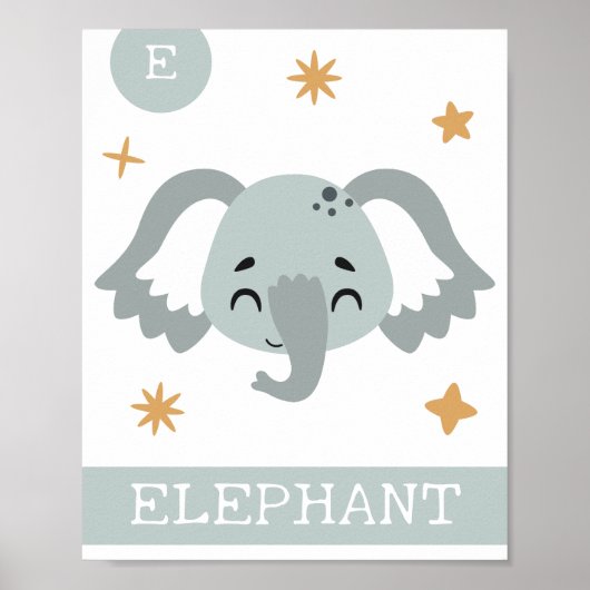 E is voor Elephant Nursery, Bedroom, Kinderen Wall Poster (Voorkant)