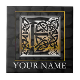 E "Jouw naam" Celtic Black Stone Monogram Tegel Tegeltje