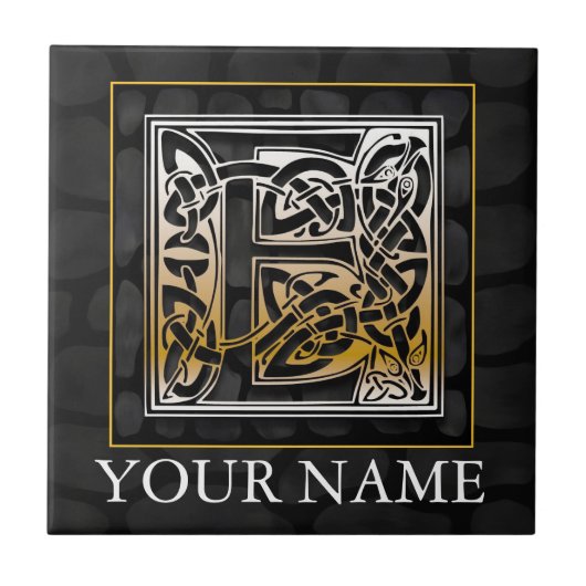 E "Jouw naam" Celtic Black Stone Monogram Tegel Tegeltje (Voorkant)