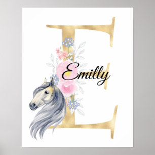 E letter gepersonaliseerde naam monogram met paard poster