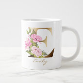 E Letter Gold Monogram | Roze Floral Arrangement Grote Koffiekop (Rechts)