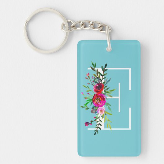 E Letter Initiële Monogram Bloem Kleur op Maat Sleutelhanger (Voorkant)