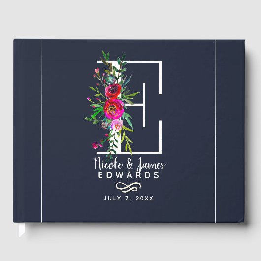 E Letter Initiële Monogram Bloem Naam Bruiloft Gastenboek (Voorkant)