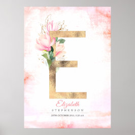 E Letter Monogram Gouden Bladeren Roze Magnolia Bl Poster