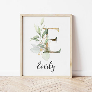 E Letter Monogram Groen Kwekerij Naam Muur Print