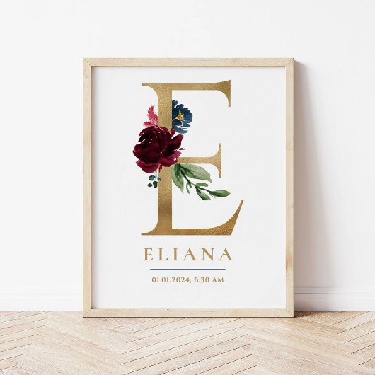 E Letter Monogram Naam Marsala Bloemenkwekerij Poster