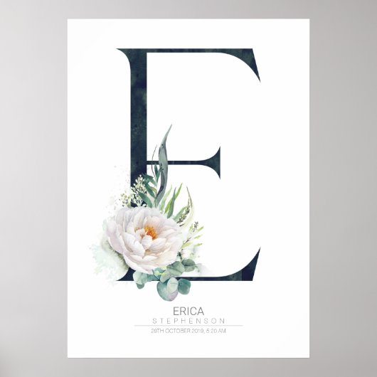 E Letter Monogram Witte Bloemen en Groene Tinten Poster (Voorkant)