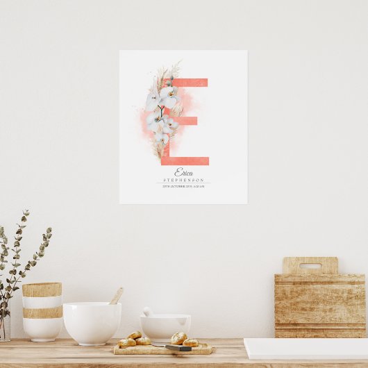 E Letter Monogram Witte Orchideeën en Pampagras Poster (Keuken)