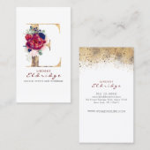 E Monogram Bourgogne Goud en Marine Blauwe Bloemen Visitekaartje (Voorkant / Achterkant)