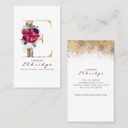 E Monogram Bourgogne Rode bloemen en Faux Gold Visitekaartje (Voorkant / Achterkant)