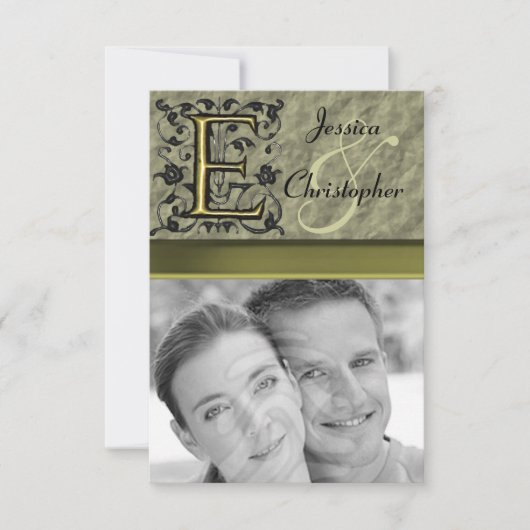 E -  monogram in reliëfdruk (goud) RSVP kaartje (Voorkant)