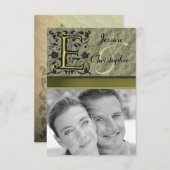 E -  monogram in reliëfdruk (goud) RSVP kaartje (Voorkant / Achterkant)