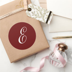 E Monogram Initiaal Wit op Maroon Ronde Sticker