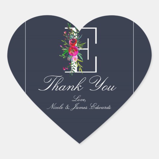 E Monogram Laatste Initiaal Modern Blauw Bloemig H Hart Sticker (Voorkant)