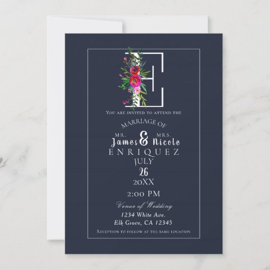 E Monogram Laatste Initiaal Modern Blue Floral Wed Kaart (Voorkant)