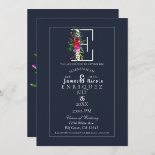 E Monogram Laatste Initiaal Modern Blue Floral Wed Kaart