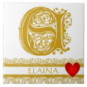 E Monogram Naam Gold Lace Red Heart Sjabloon Tegel Tegeltje (Voorkant)
