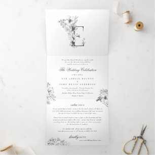 E-Monogram prachtig geborsteld Floral Wedding Drieluik Uitnodiging